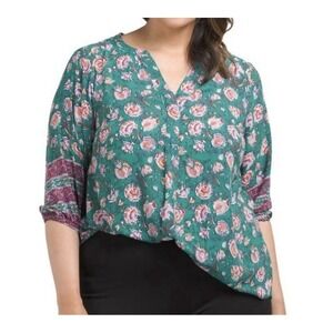 Tahari Plus Size 1X Boho Floral Popover Blouse Green Tunic Work Office Top NWT